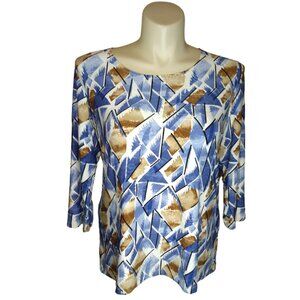 Blue/Brown/Cream/Black Abstract Long Sleeve Top – Modern & Comfortable (90% Poly